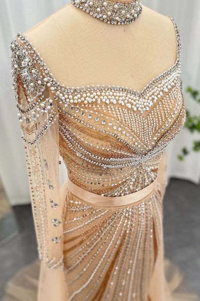 Gorgeous High Neck Beading Sequins Mermaid Evening Gown Long Sleeves Tulle Party Dress with Sweep Train-Babyonlinewholesale