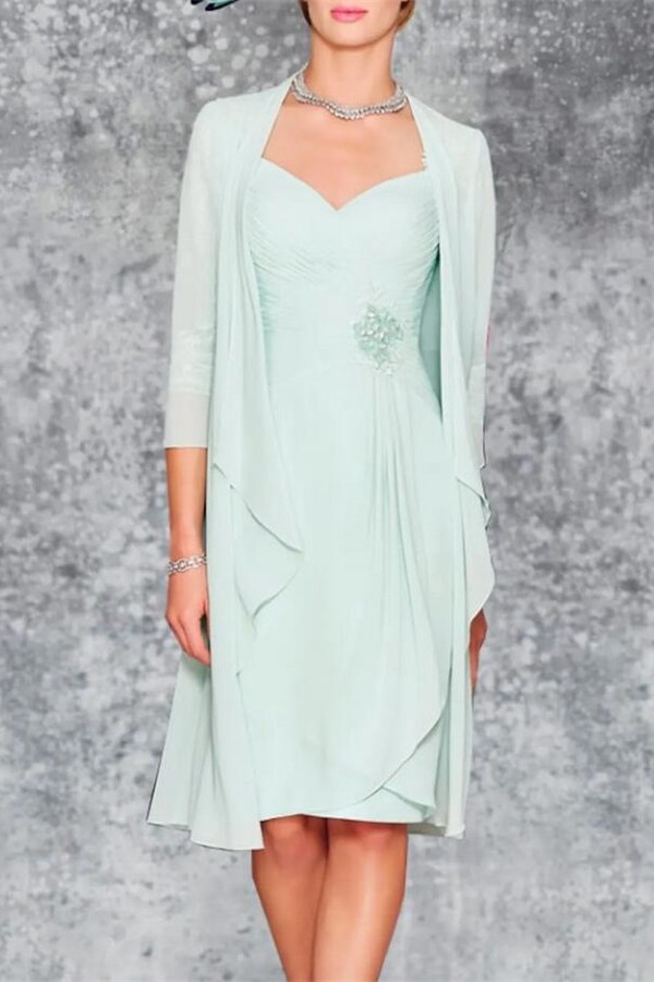 Elegant 3/4 Sleeves Knee Length Beading Sweetheart Mother Chiffon Prom Dress with Ruffles