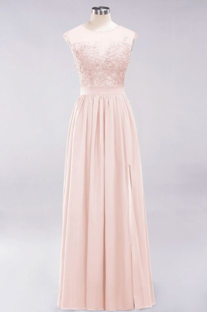 A-line Chiffon Lace Jewel Sleeveless Floor-Length Bridesmaid Dresses with Appliques