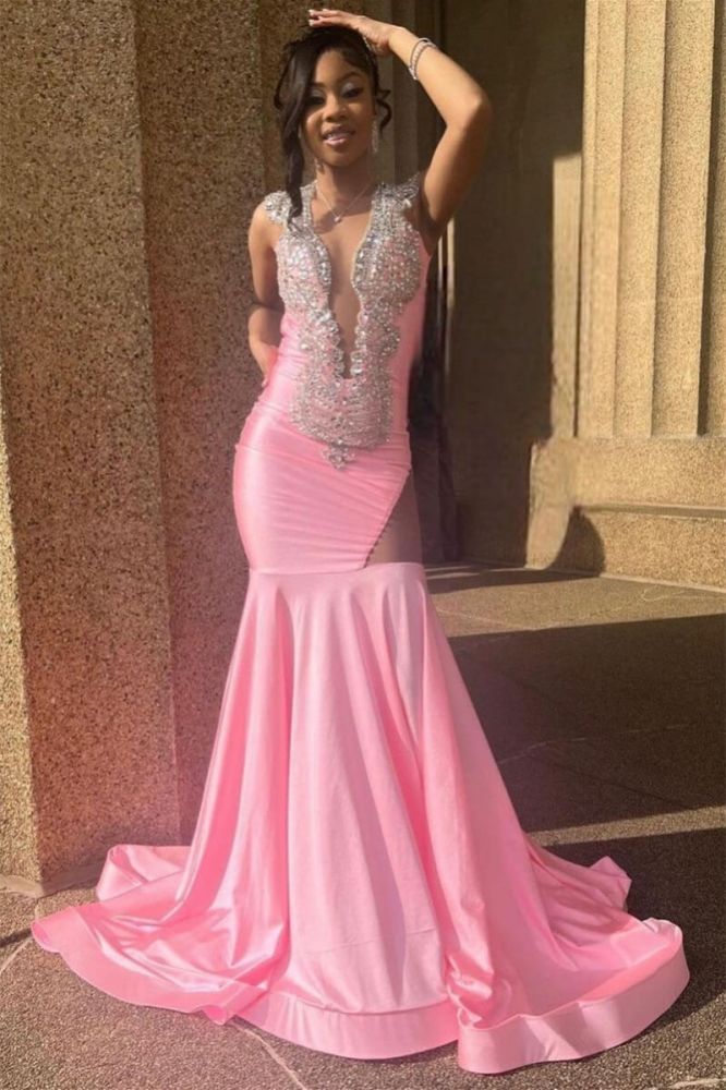 Pink Silver Beaded Mermaid Long Prom Dresses | Babyonlinewholesale