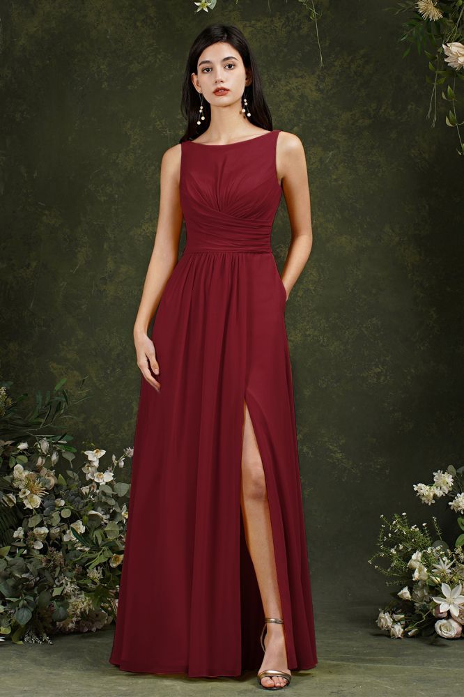 Bateau Ruffles Chiffon Floor-length A-Line Split Bridesmaid Dress With Pockets