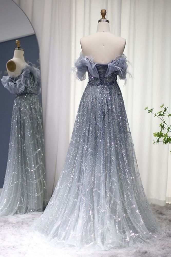 Gorgeous Off-the-Shoulder Feathers Sequins Aline Evening Dress with Beading Party Gowns for Women