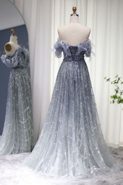 Gorgeous Off-the-Shoulder Feathers Sequins Aline Evening Dress with Beading Party Gowns for Women