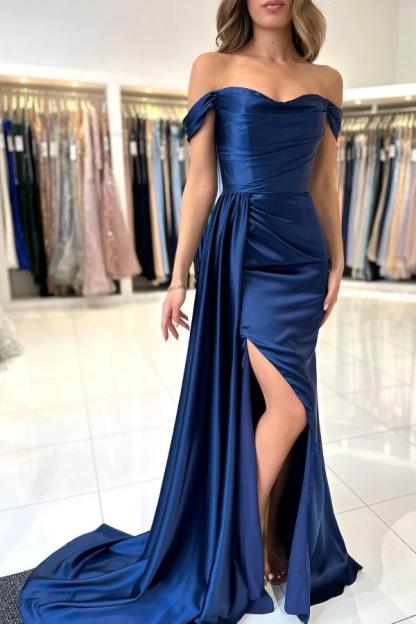 Navy Off the Shoulder Strapless Floor Length Prom Dress