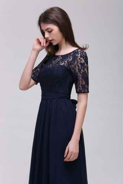 Custom Made A-line Chiffon Lace Scoop Half-Sleeve Floor-Length Bridesmaid Dress with Round back