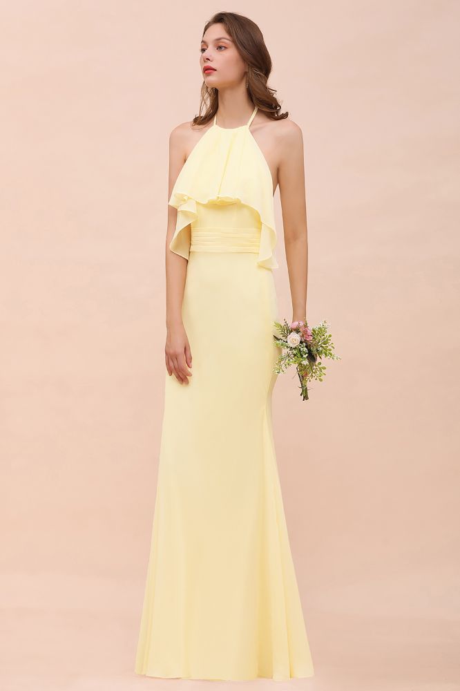 Halter Goose yellow Ruffle Chiffon Mermaid Bridesmaid Dress Floor Length