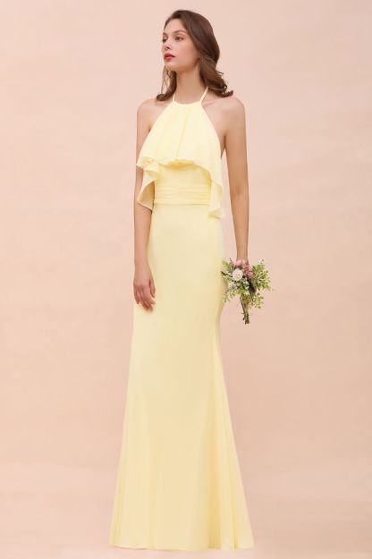 Halter Goose yellow Ruffle Chiffon Mermaid Bridesmaid Dress Floor Length