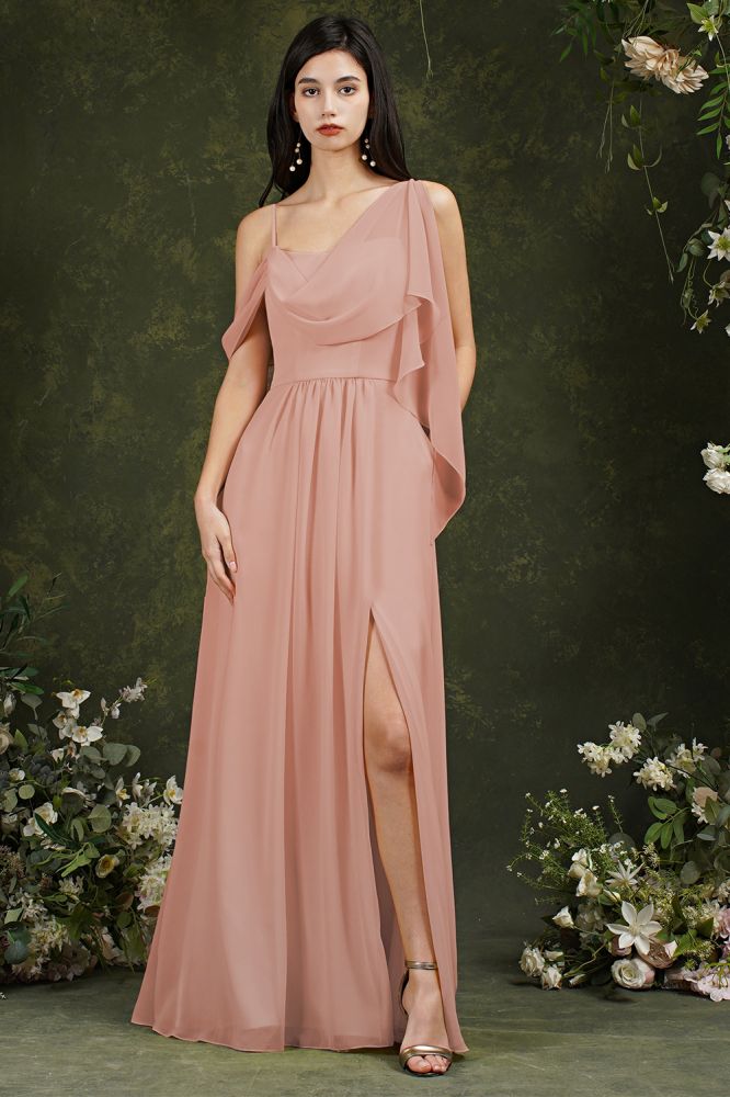 Yellow Spaghetti Straps Backless A-Line Chiffon Split Bridesmaid Dress With Pockets