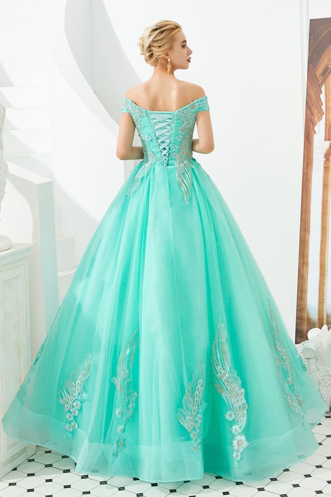 Henry | Elegant Off-the-shoulder Princess Red/Mint Prom Dress with Wing Emboirdery