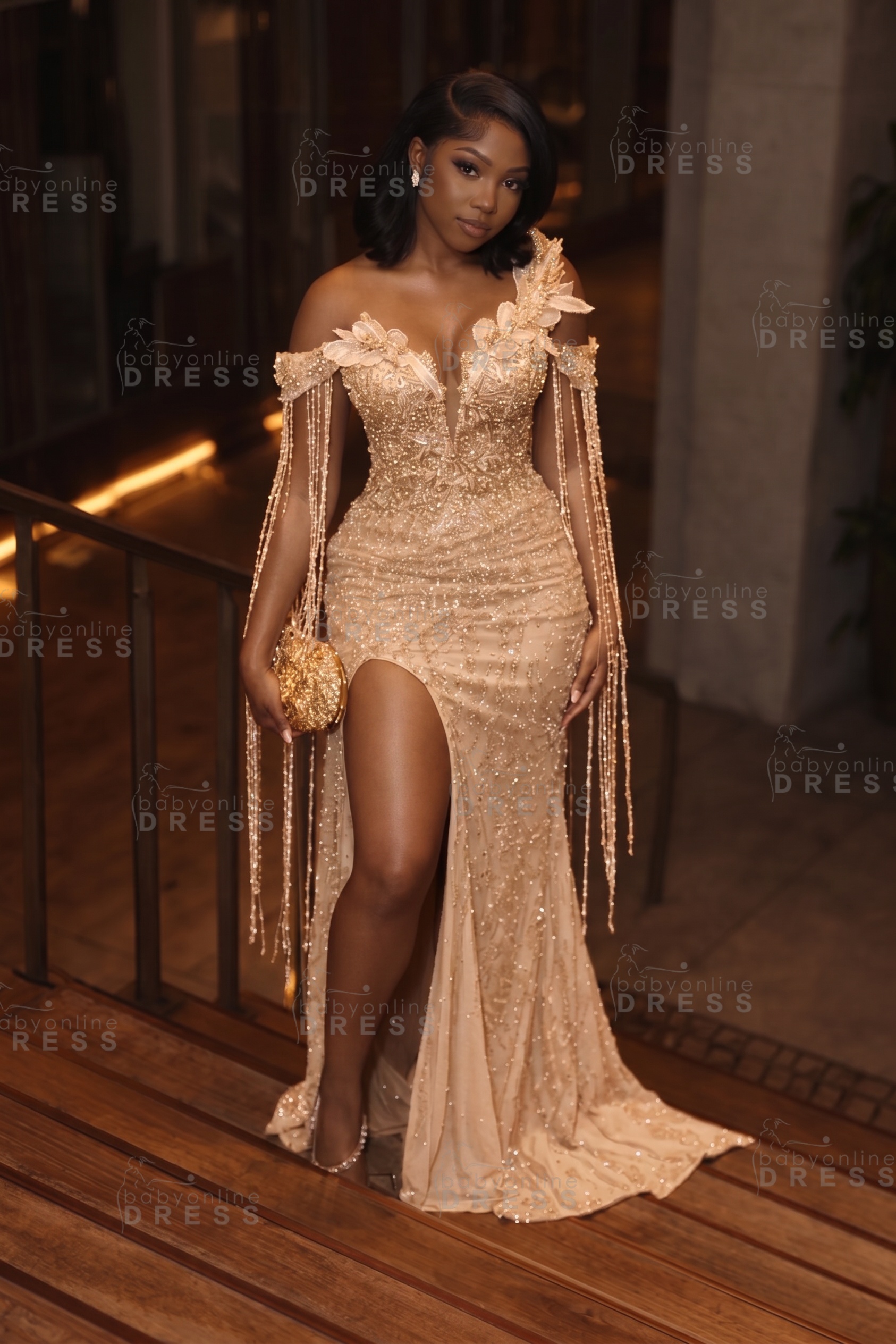 Stunning Asymmetric  Sequins Prom DressMermaid Gold Evening Gown with Tassels