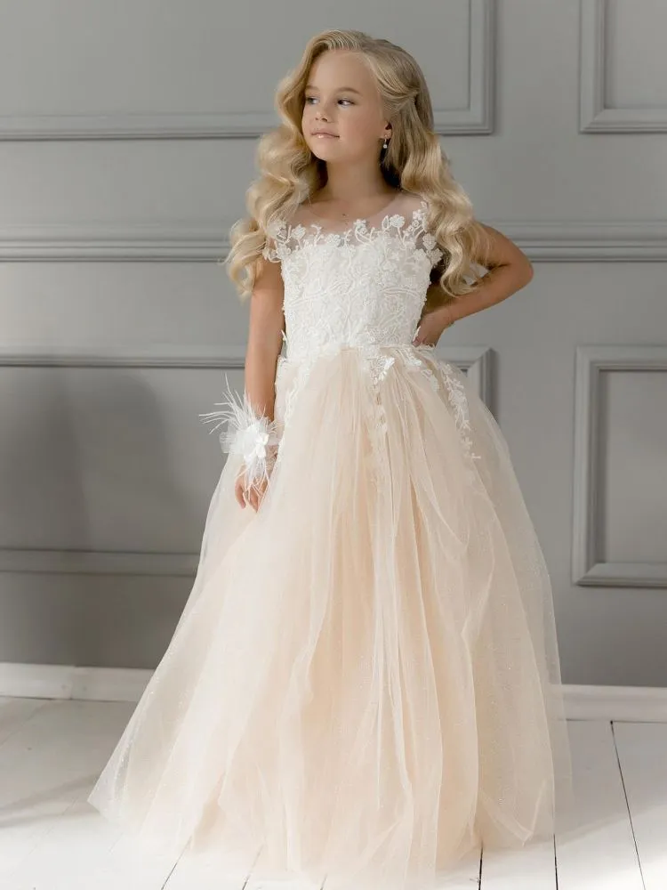 Sleeveless Floor-Length Tulle Flower Girl Dresses Lace Appliques Girl Formal Dress