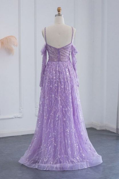 Stunning Spaghetti Straps Fur Beadings Floor-Length Evening Party Dress with Sequins