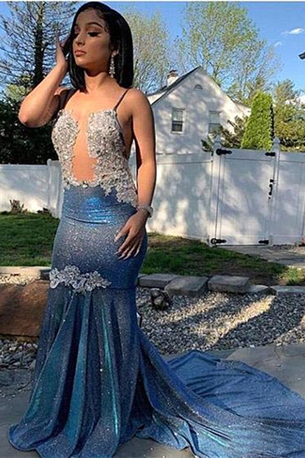 Halter Lace Appliques Mermaid Sequin Blue Prom Dresses