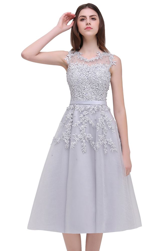EMORY | A-Line Crew Tea Length Lace Appliques Short Prom Dresses