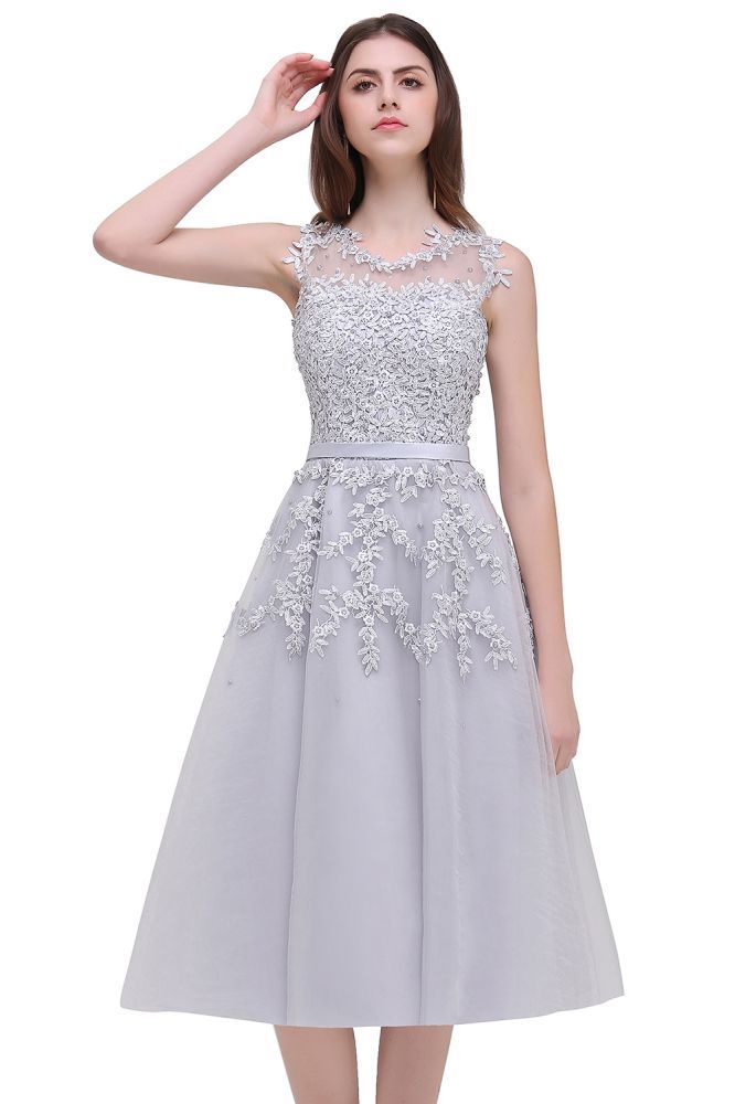 EMORY | A-Line Crew Tea Length Lace Appliques Short Prom Dresses