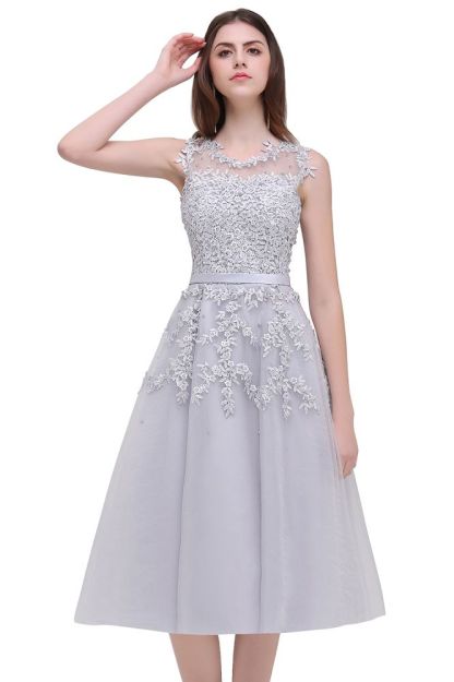 EMORY | A-Line Crew Tea Length Lace Appliques Short Prom Dresses