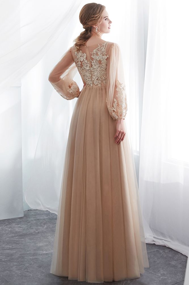 NATALIE | A-line Long Sleeves Appliques Tulle Champagne Evening Dresses