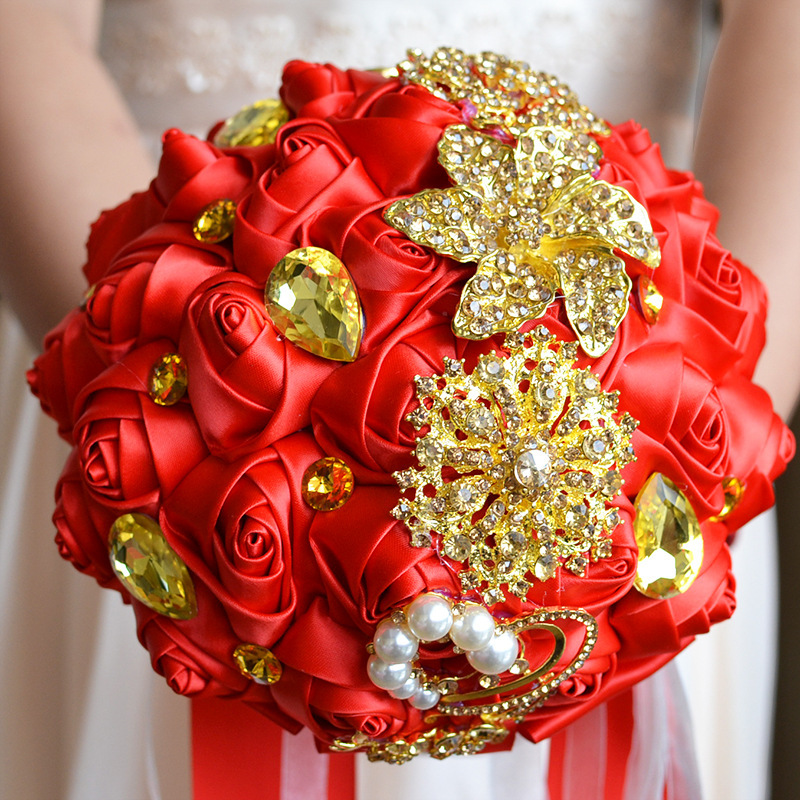 Colorful Silk Rose Crystal Beading Wedding Bouquet
