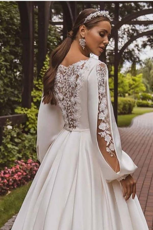 Deluxe Floor-Length Jewel Neck Long Sleeves A-Line Satin Wedding Dresses