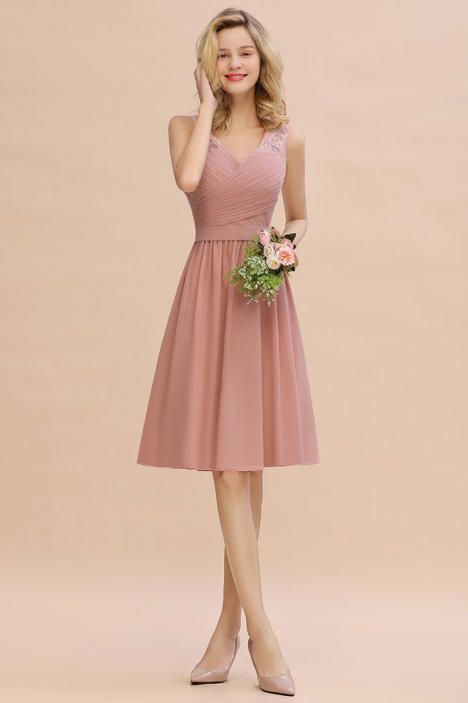 Lace V-neck Long Short Homecoming Dresses with Belt | Sexy Sleeveless V-back Pink Knee length Cocktail Dress-Babyonlinewholesale
