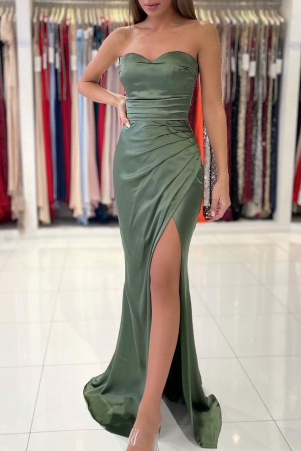 Sweetheart Satin Slim Mermaid Prom Dress Side Slit Evening Dress Sweetheart