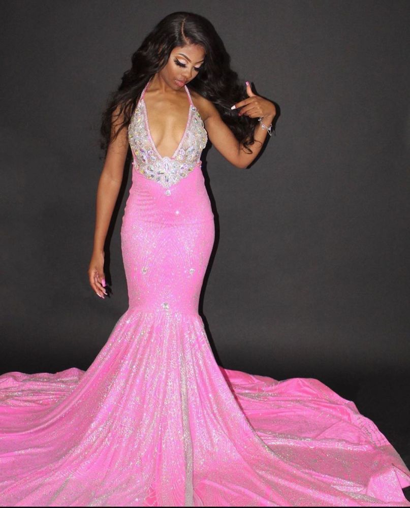Sexy Halter Mermaid Evening Gowns Backless Prom Dress