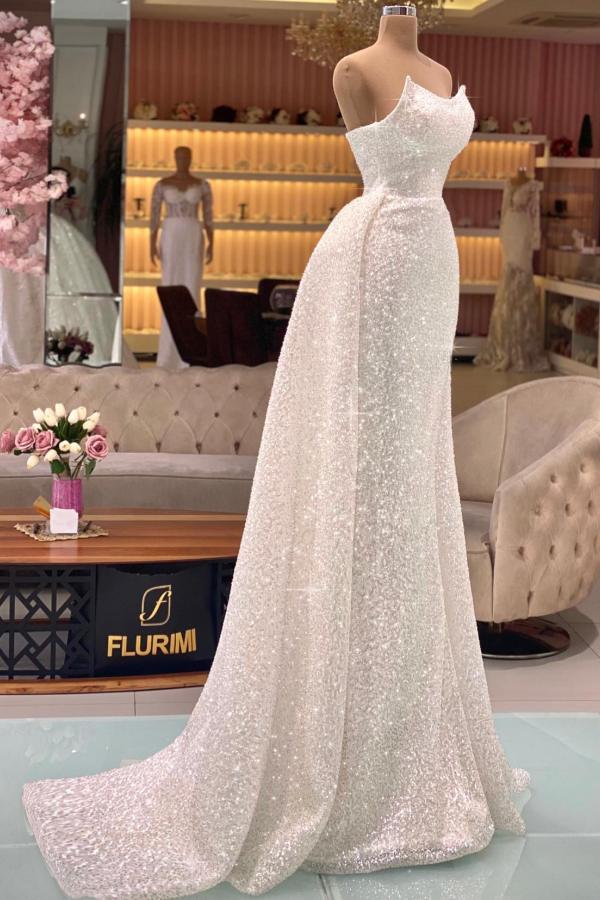 Strapless Sparkly Sequins Mermaid Evening Party Dress with Sweep Train