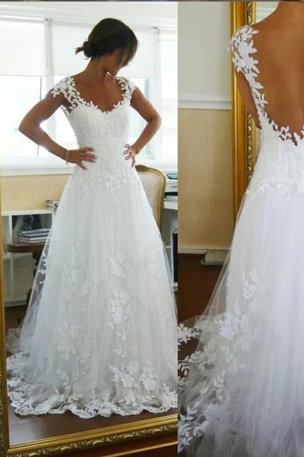 Cap sleeves LAce White Tulle A-line Wedding Dresses