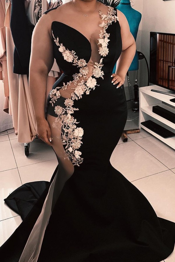Sleeveless Jewel Sheer Appliques Sexy Mermaid Prom Dresses | Luxury Fashion Black Evening Gowns With Chapel Train-Babyonlinewholesale