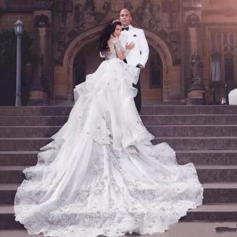 Glamorous Long Sleeves Tulle High Neck Bride Dresses Appliques Wedding Dresses with Detachable Overskirt qq0375-Babyonlinewholesale