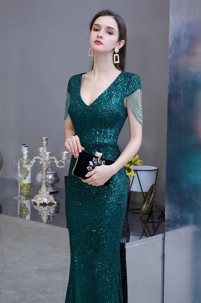 Shining Sequined Emerald Green Mermaid Cap sleeve Long Prom Dress