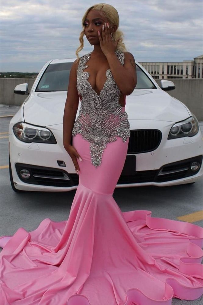 Silver Beaded Pink Mermaid Court Train Prom Dresses
