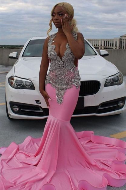 Silver Beaded Pink Mermaid Court Train Prom Dresses