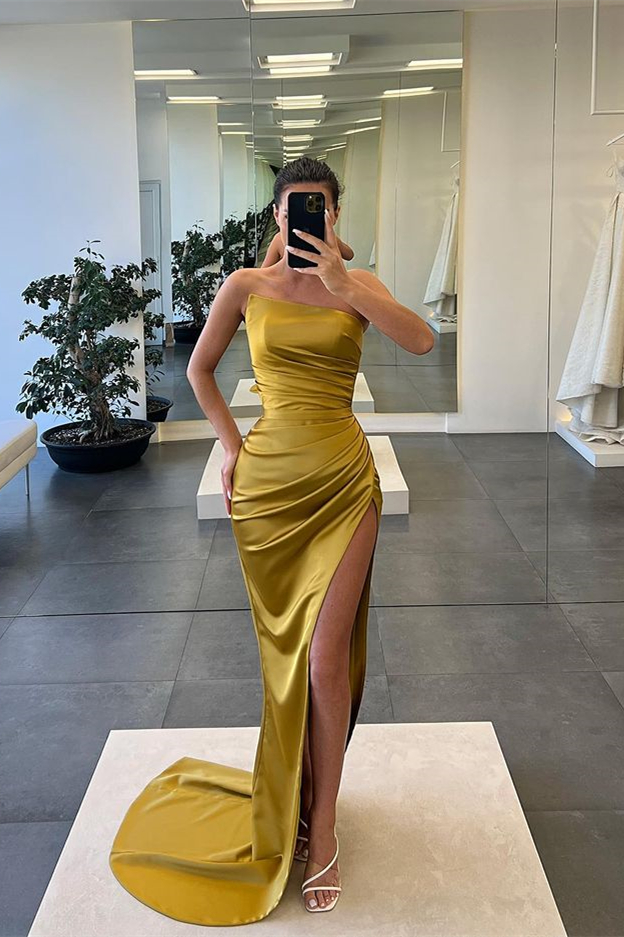Unique Strapless Mermaid High Split Long Prom Dresses