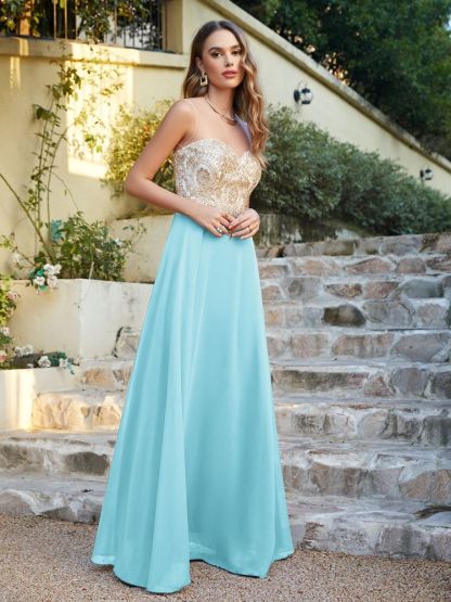 Sleeveless Lace Appliques Long Prom Dresses Chiffon Evening Party Gown
