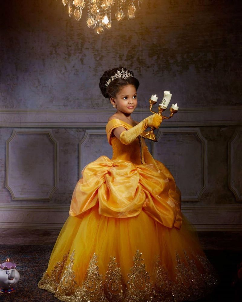 yellow Princess Girl Dress for Birthday Party Off-the-Shoulder Velvet Tulle Pageant Dress for Kids