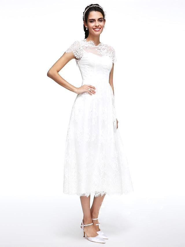 A-Line Wedding Dresses Jewel Neck Tea Length Lace Short Sleeve Simple Casual Illusion Backless