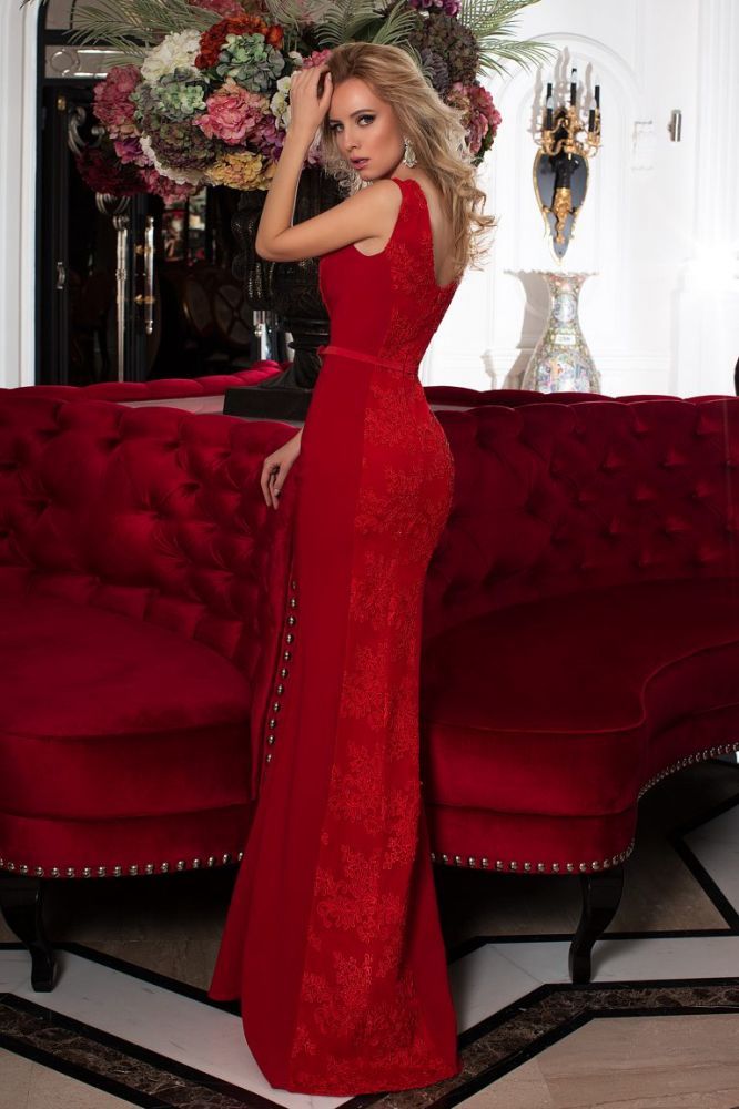 Stunning Jewel Neck Red Lace Mermaid Evening Maxi Dress
