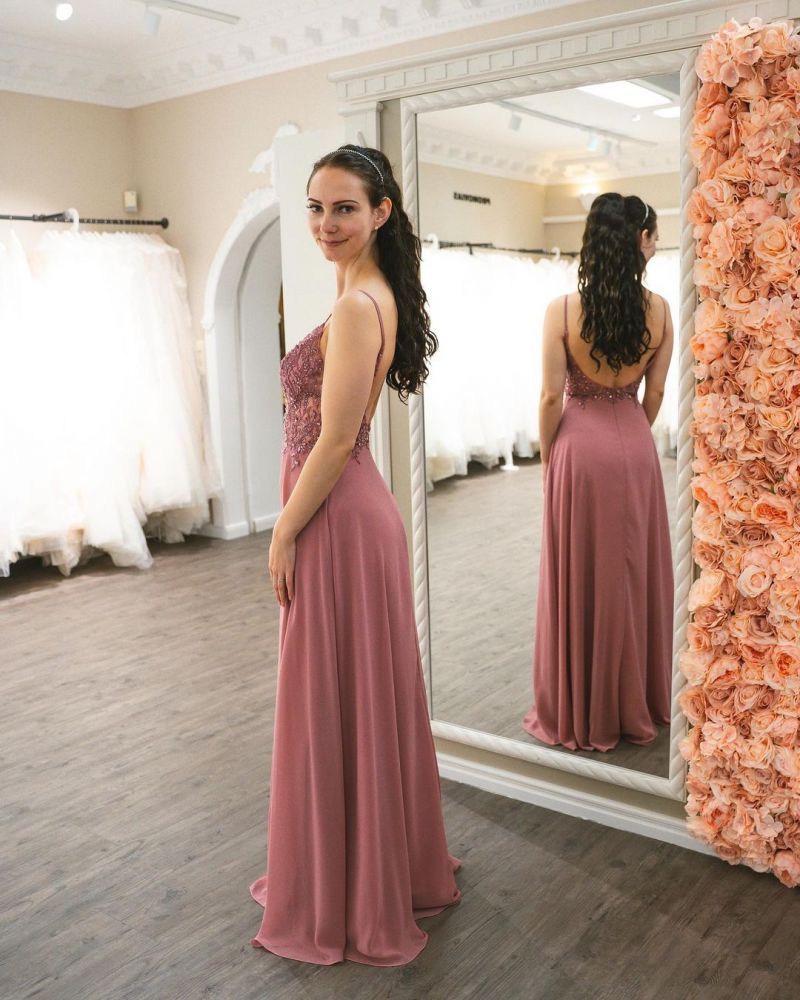 Charming V-Neck Beading Chiffon Evening Dress Backless Straps Prom Dress