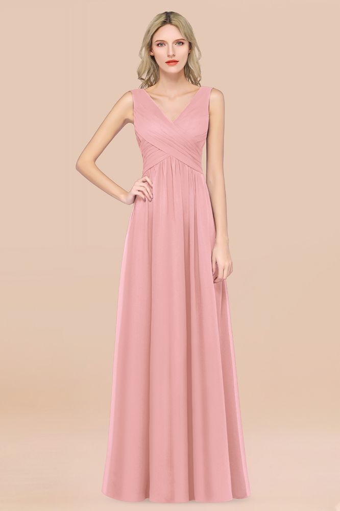 Chiffon A-Line Straps V-Neck Sleeveless Long Bridesmaid Dress with Ruffles