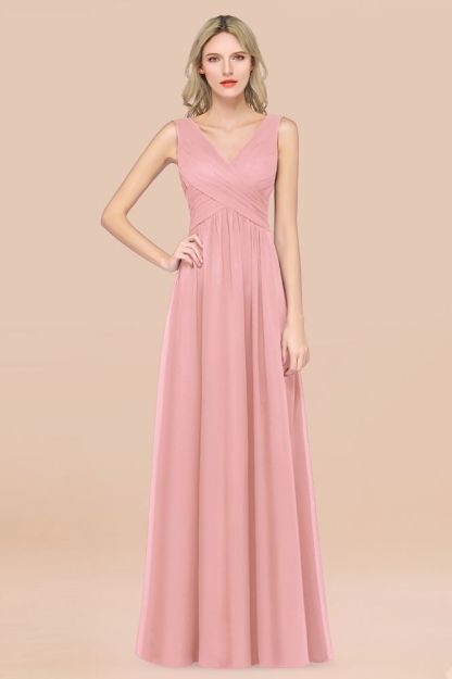 Chiffon A-Line Straps V-Neck Sleeveless Long Bridesmaid Dress with Ruffles