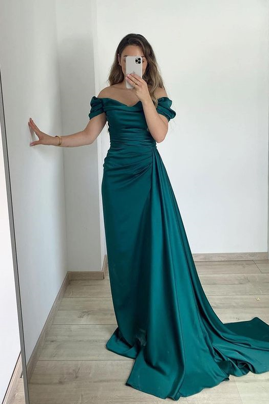 Off the shoulder Burgundy Court Train Prom Dresses