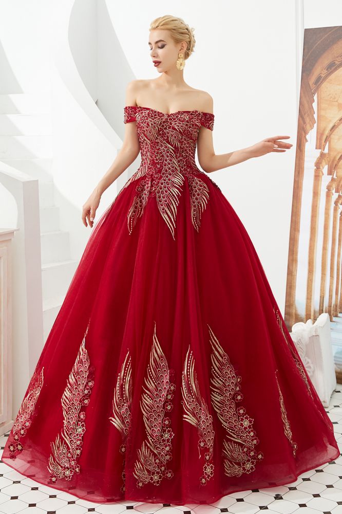 Henry | Elegant Off-the-shoulder Princess Red/Mint Prom Dress with Wing Emboirdery