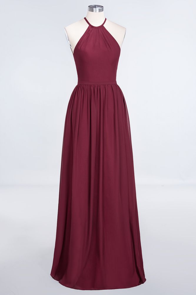 Chiffon A-Line Halter Sleeveless Long Bridesmaid Dress with Ruffles