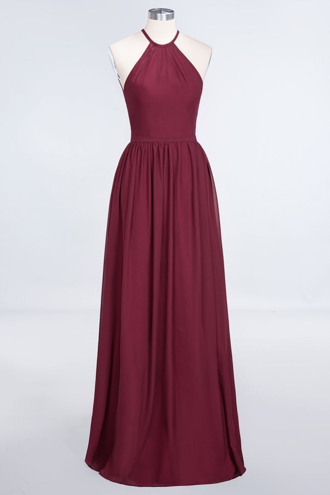 Chiffon A-Line Halter Sleeveless Long Bridesmaid Dress with Ruffles