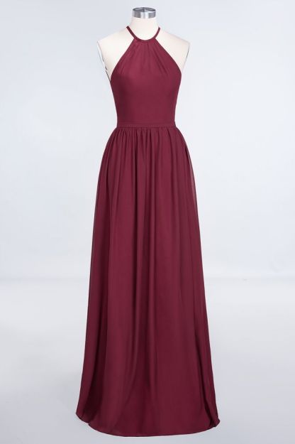 Chiffon A-Line Halter Sleeveless Long Bridesmaid Dress with Ruffles