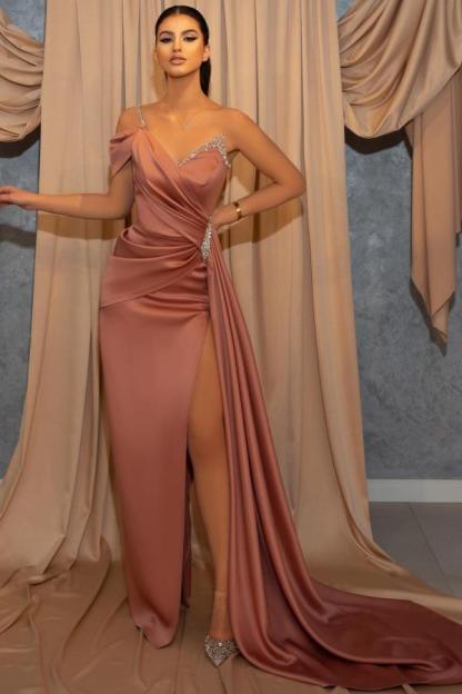 Elegant dusty pink long sleeves high split prom dress