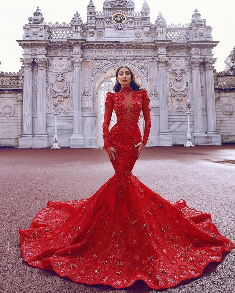 Sexy Floor Length Mermaid Prom Gown Crystals Long Sleeve Sweep Train Party Gowns