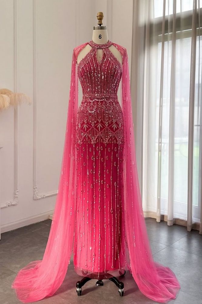 Gorgeous Halter Shiny Beading Sequins Mermaid Evening Dresses with Tulle Shawl Dubai Wedding Party Dress-Babyonlinewholesale