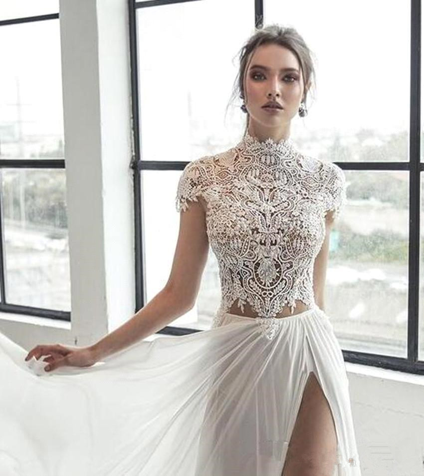High neck Cap sleeves Ivory Chiffon Split Wedding Dress | Elegant Long Bridal Gown